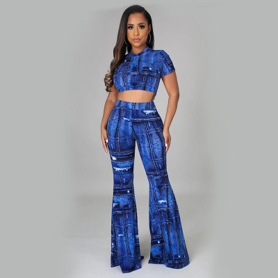 EVE Sexy Printed Crop Top Flared Pants Two Piece Sets HNIF-022