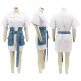 EVE Denim Patchwork Short Sleeve Belted Mini Dress HNIF-HN087