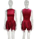 EVE Plus Size Sleeveless Tassel Shorts Two Piece Set MUE-M7488