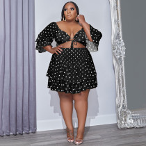 EVE Plus Size Dot Print Ruffled Crop Top Mini Skirt 2 Piece Sets NNWF-7637