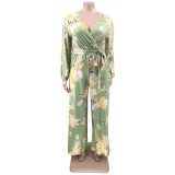 EVE Plus Size Floral Print V Neck Long Sleeve Sashes Jumpsuit OSIF-22463