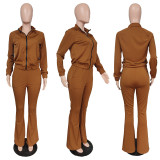 EVE Solid Long Sleeve Zipper Two Piece Pants Sets MUKF-088
