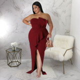 EVE Plus Size Solid Off Shoulder Split Maxi Evening Dress NNWF-7624