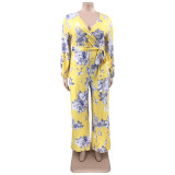 EVE Plus Size Floral Print V Neck Long Sleeve Sashes Jumpsuit OSIF-22463