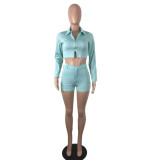 EVE Solid Long Sleeve Zipper Top And Shorts 2 Piece Sets YIY-9020