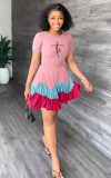 EVE Letter Print Patchwork Short Sleeve Pleated Mini Dress OUQF-347