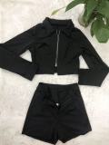 EVE Solid Long Sleeve Zipper Top And Shorts 2 Piece Sets YIY-9020