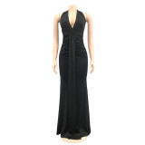 EVE Sexy Solid V Neck Halter Maxi Evening Dress BY-5953