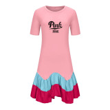 EVE Pink Letter Print Patchwork Pleated Mini Dress OUQF-348