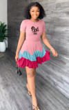 EVE Pink Letter Print Patchwork Pleated Mini Dress OUQF-348