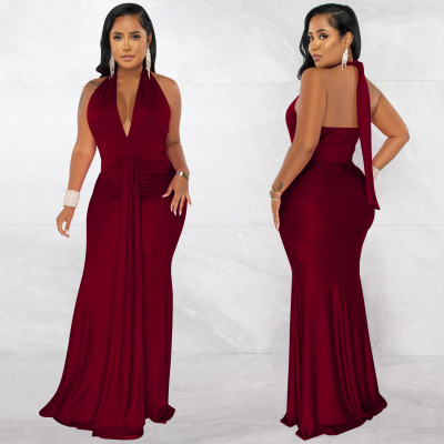 EVE Sexy Solid V Neck Halter Maxi Evening Dress BY-5953