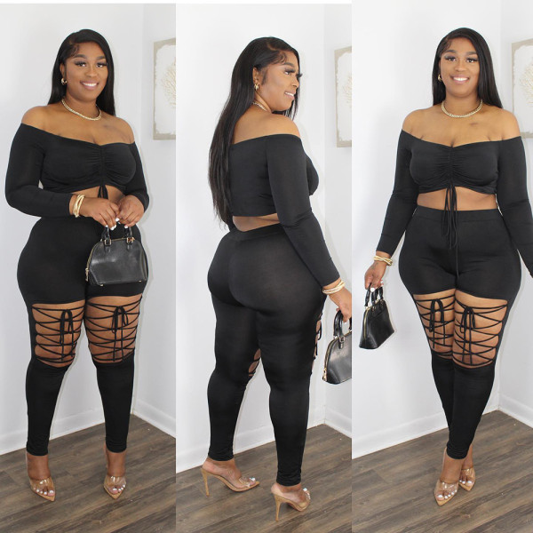 EVE Plus Size Long Sleeve Ruched Top+Lace-Up Pants 2 Piece Sets ONY-7030