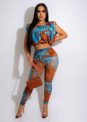 EVE Sexy Printed Sleeveless Crop Top And Pants 2 Piece Sets FENF-248