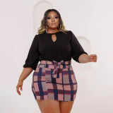 EVE Plus Size Long Sleeve Top+Plaid Mini Skirt Two Piece Sets PHF-13296