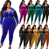 EVE Plus Size Velvet Hooded Zipper Two Piece Pants Sets OSIF-22472