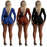 EVE Solid Long Sleeve Zipper Ruched 2 Piece Shorts Sets HEJ-8174