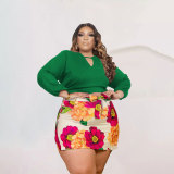 EVE Plus Size Long Sleeve Top+Plaid Mini Skirt Two Piece Sets PHF-13296