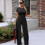 EVE Solid Short Sleeve Wide Leg Pants Two Piece Sets TE-4467