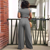 EVE Solid Short Sleeve Wide Leg Pants Two Piece Sets TE-4467