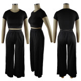 EVE Solid Short Sleeve Wide Leg Pants Two Piece Sets TE-4467