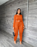 EVE Solid Long Sleeve Top+Tassel Pants Two Piece Sets MIL-L343