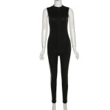 EVE Solid Color Pu Leather Slim Sleeveless Jumpsuit XEF-K22Q11957