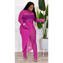 EVE Sexy Mesh See Through Long Sleeve Jumpsuit+Split Skirt 2 Piece Sets ASL-6596