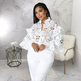 EVE White Lace Hollow Out Lace-Up Blouse Top YF-10200