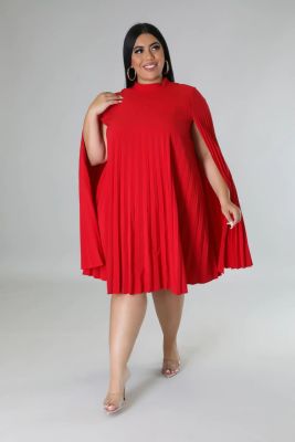 EVE Plus Size Solid Pleated Knee Length Loose Dress SLF-7065