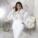 EVE White Lace Hollow Out Lace-Up Blouse Top YF-10200
