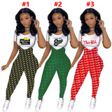 EVE Casual Printed T Shirt+Strap Jumpsuit 2 Piece Sets SHD-9823