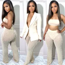 EVE Sexy Blazer Coat+Mesh Pearls Pants 2 Piece Sets LSD-83121