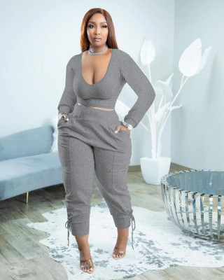 EVE Plus Size Solid Long Sleeve Slim 2 Piece Pants Sets PHF-13302
