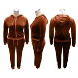 EVE Plus Size Velvet Hooded Zipper Coat Pants 2 Piece Sets ME-6092