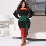 EVE Plus Size Color Splice Long Sleeve Sashes Midi Dress OSIF-22499