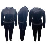 EVE Plus Size Velvet Hooded Zipper Coat Pants 2 Piece Sets ME-6092