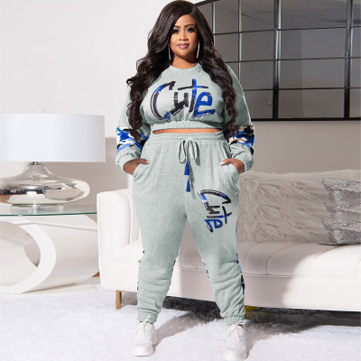 EVE Plus Size Letter Camo Print Two Piece Pants Sets OSIF-22512