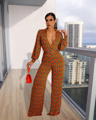 EVE Sexy Printed V Neck Long Sleeve Jumpsuit MXDF-6113