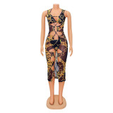 EVE Sexy Print Bikini And Mesh See-Through Hollow Dress 3 Piece Set GOSD-OS6268