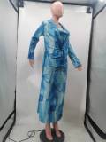 EVE Plus Size Printed Split Blazer Coat+Slip Dress 2 Piece Sets TK-6252