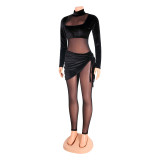 EVE Fashion Sexy Mesh Velvet Splice Solid Jumpsuit GOSD-OS6269