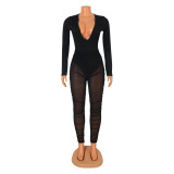 EVE Sexy V-Neck Long Sleeve Bodysuits Mesh Pants 2 Piece Set GOSD-OS6352