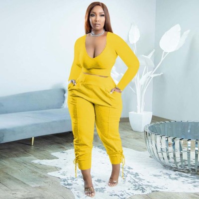 EVE Plus Size Solid Long Sleeve Two Piece Pants Sets XMEF-1191