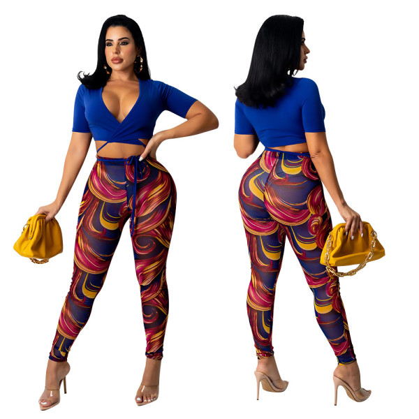 EVE Solid Crop Top Print Pants Two Piece Set GOSD-OS6232