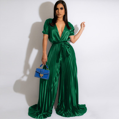 EVE Sexy V Neck Pleated Wide Leg Sashes Jumpsuit MUE-7622