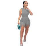 EVE Plus Size Solid Sleeveless Tassel Shorts 2 Piece Sets MUE-7488