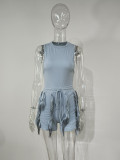 EVE Plus Size Solid Sleeveless Tassel Shorts 2 Piece Sets MUE-7488