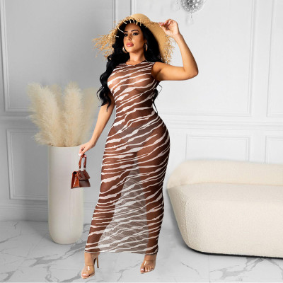 EVE Fashion Sexy Print Mesh See-Through Sleeveless Maxi Dress GOSD-OS6169