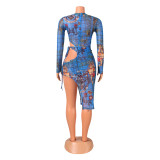 EVE Sexy Mesh Print Long Sleeve Bodysuits And Skirt Two Piece Set GOSD-OS6312