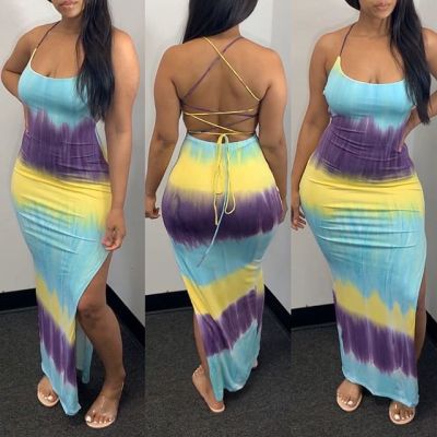 EVE Gradient Print Backless Lace-Up Slit Sexy Dress GWDS-6144